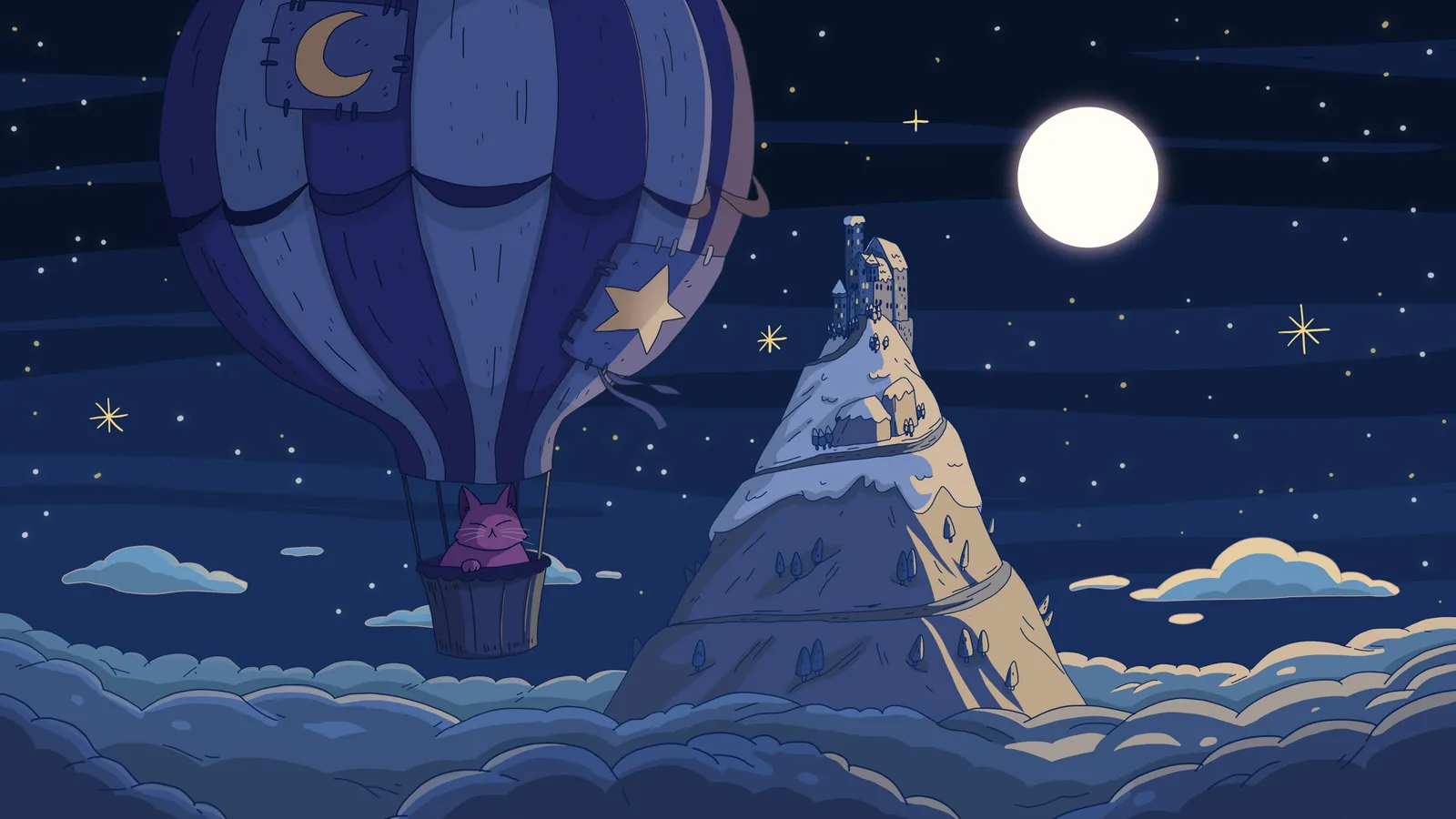 Above the Clouds galaxy background by Purrple Cat: A full moon and a starry sky above the clouds, with a hot air balloon drifting past a snowy peak