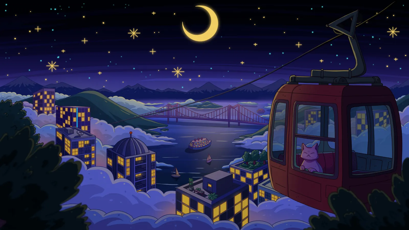 City Nights 3 galaxy background by Purrple Cat: A crescent moon and stars over a sleeping city, seen from a cable car