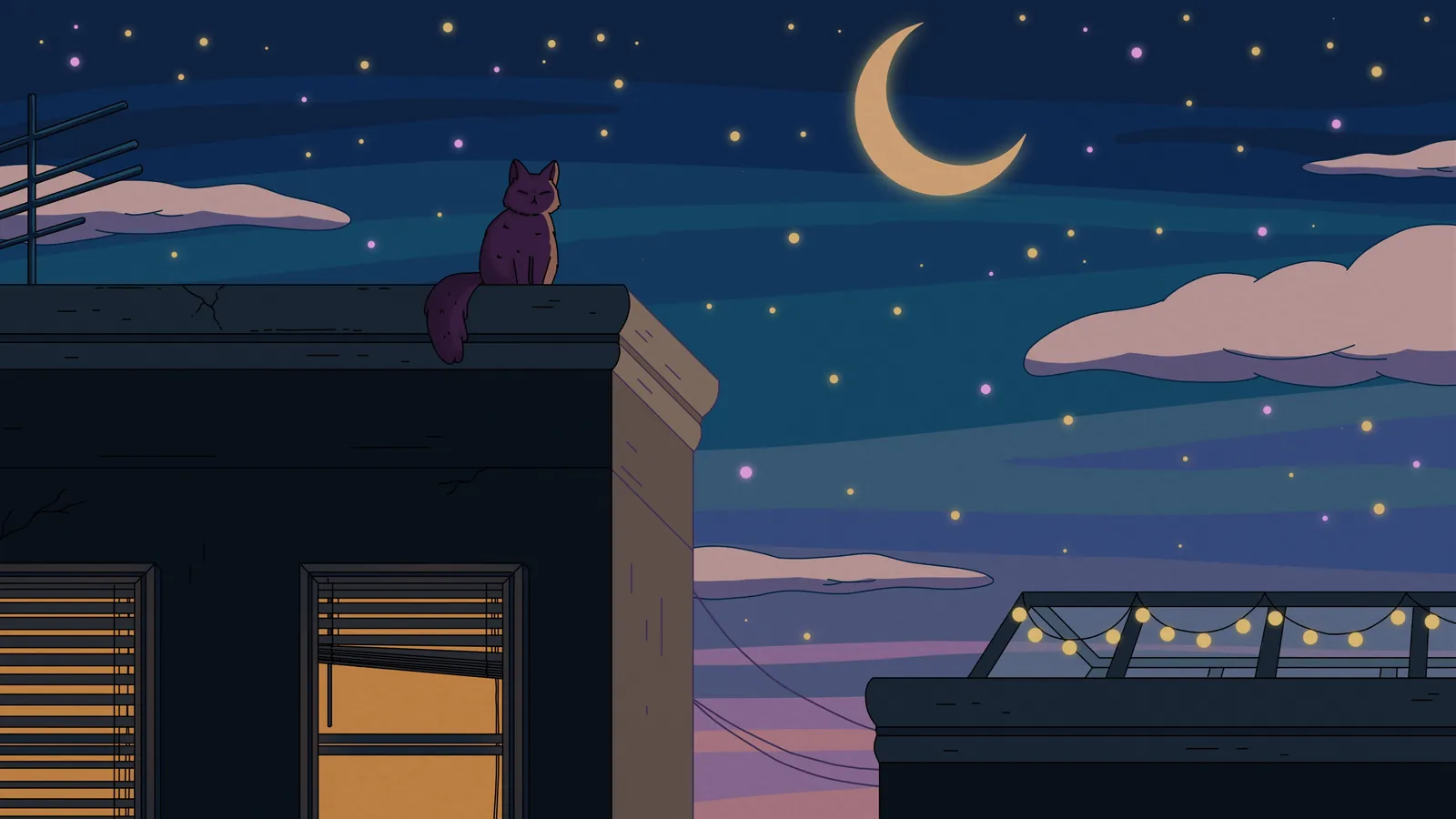 City Nights galaxy background by Purrple Cat: A crescent moon over the rooftops, the sky dotted with stars