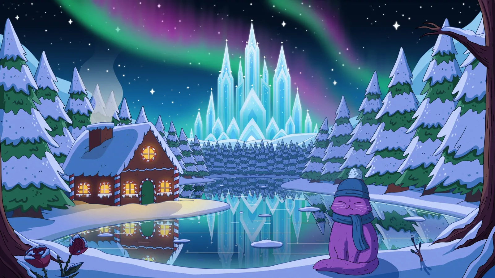 Ice Palace galaxy background by Purrple Cat: Green northern lights and stars over a frozen lake and a glittering ice palace