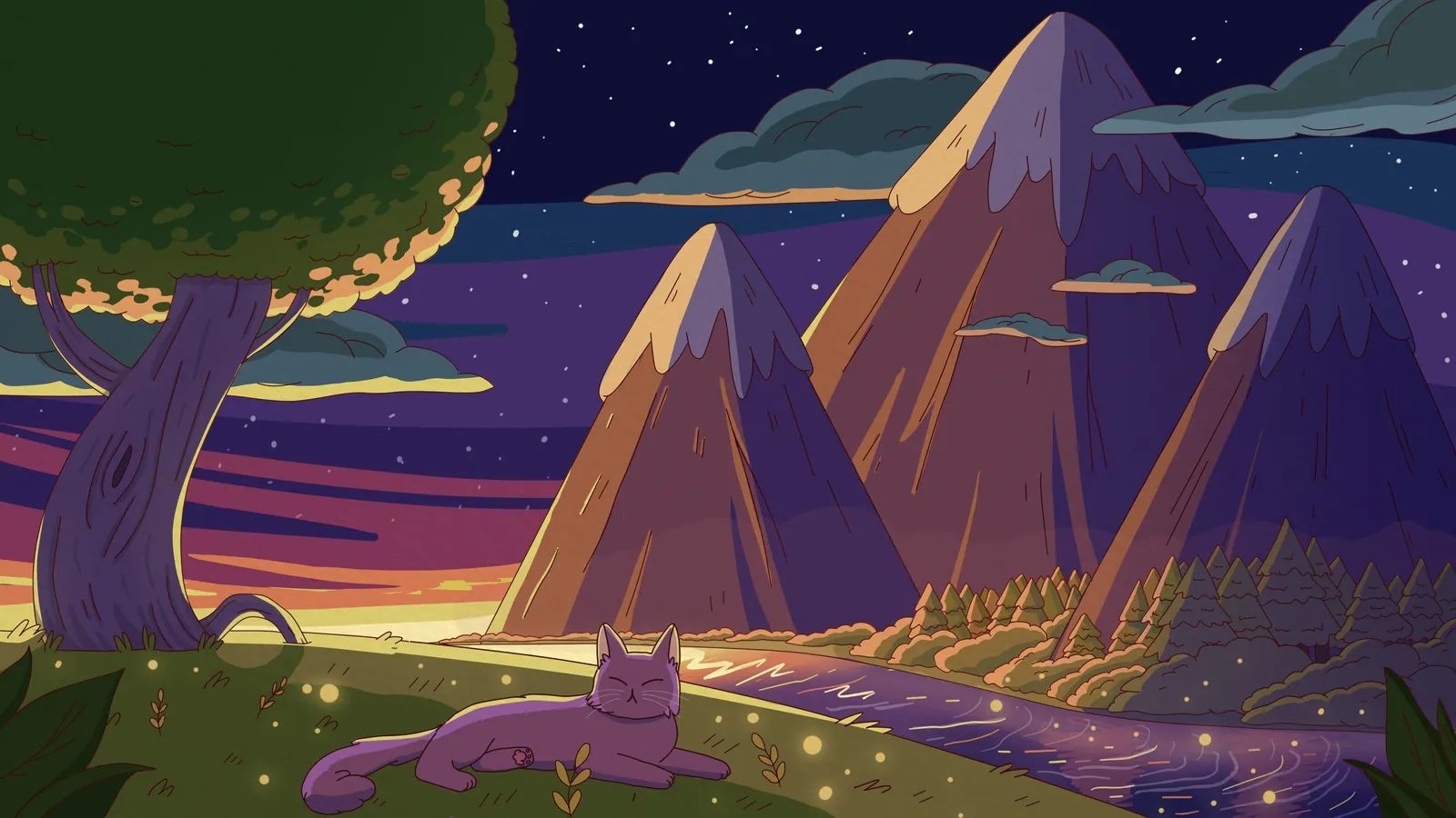 Mellow Skies galaxy background by Purrple Cat: The first stars come out over purple mountains and a field of fireflies