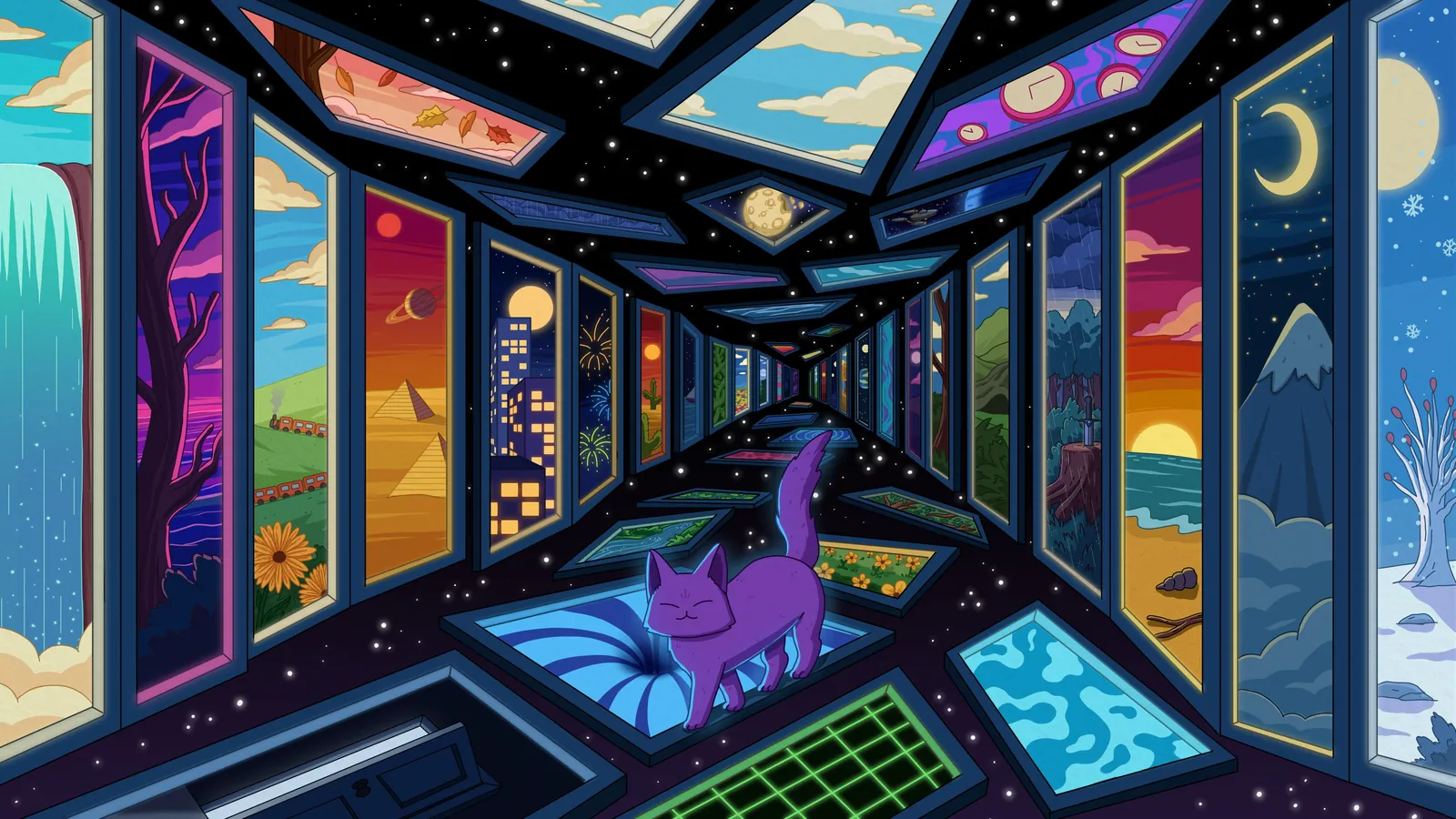 Multiverse 2 galaxy background by Purrple Cat: A hallway floating in deep space, lined with windows into other worlds
