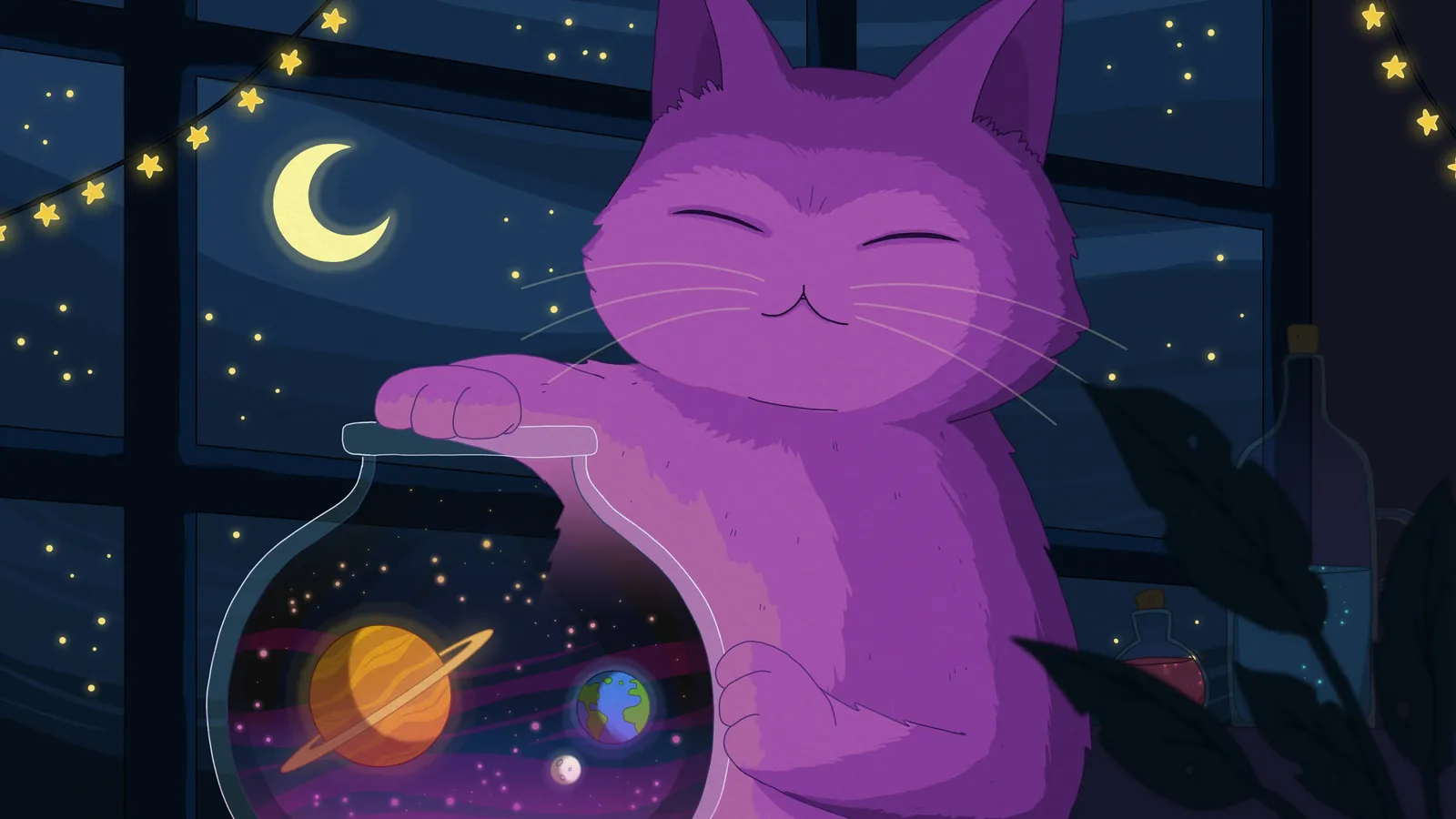 Multiverse galaxy background by Purrple Cat: A starry night through the window and a fishbowl that holds whole planets