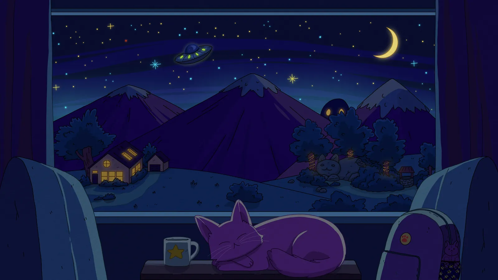 Night Train galaxy background by Purrple Cat: A crescent moon, a sky full of stars and a passing UFO, seen from a night train window