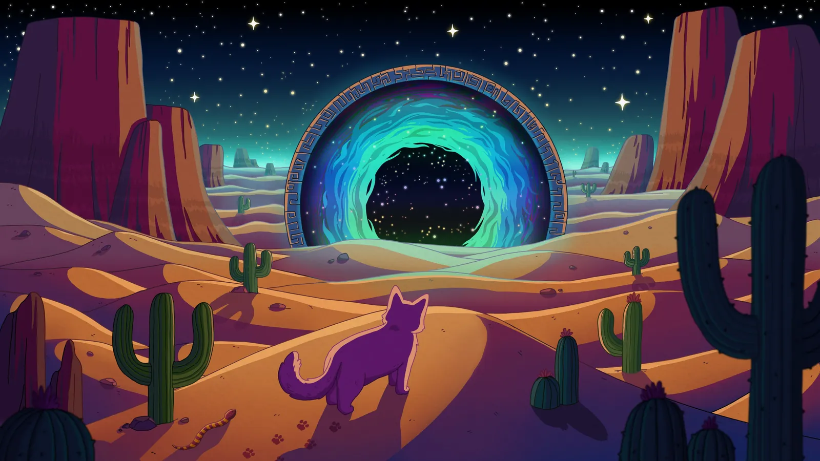 Sands of Time galaxy background by Purrple Cat: A glowing portal opens onto a swirling galaxy in the middle of a desert night