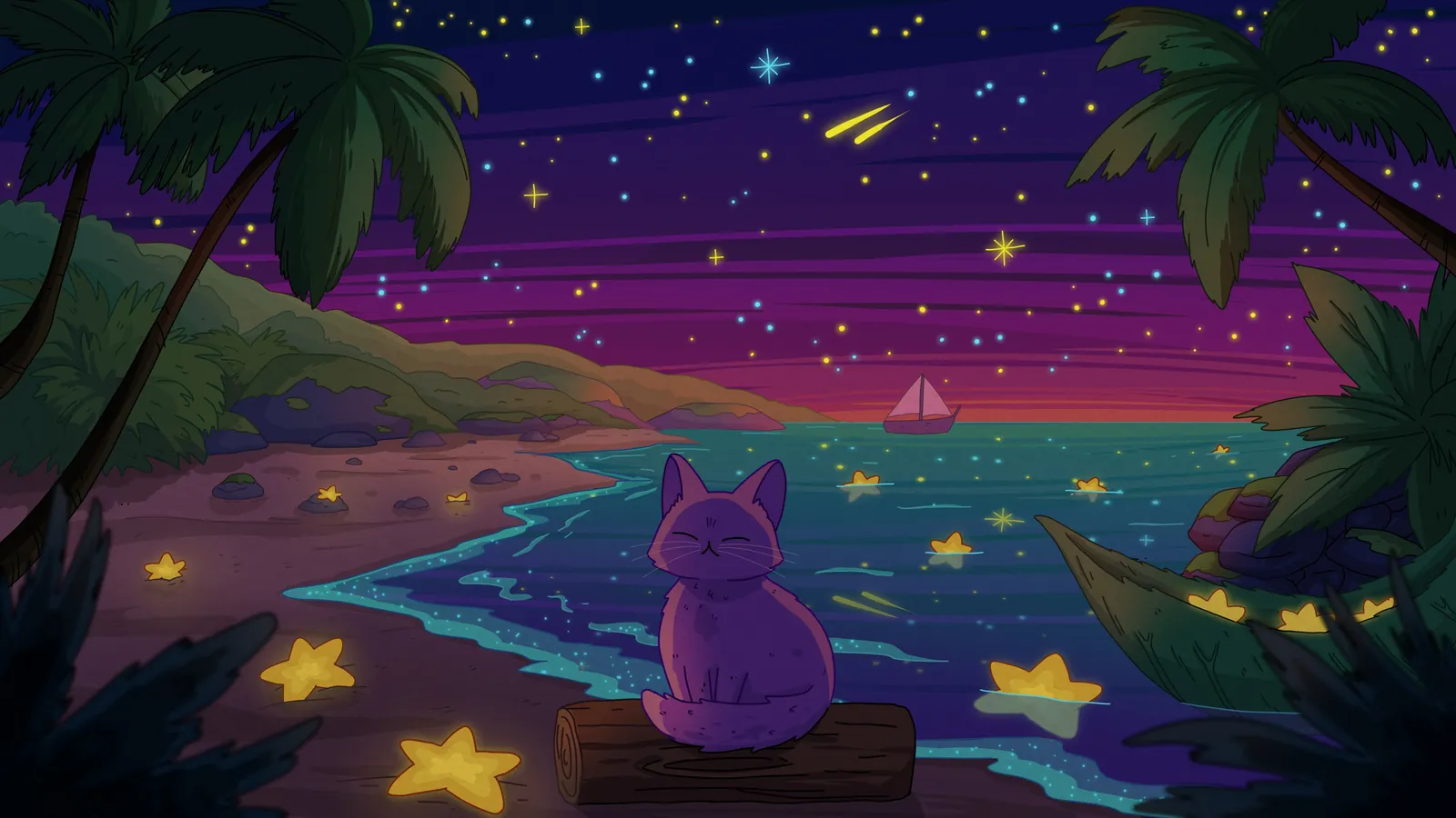 Sea of Stars 2 galaxy background by Purrple Cat: Shooting stars fall across a purple galaxy sky over a quiet, starlit shore
