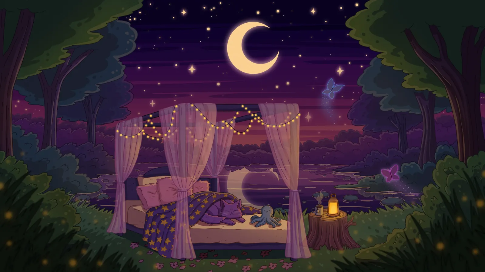 Sleep Tight galaxy background by Purrple Cat: A crescent moon and stars over a canopy bed in the garden